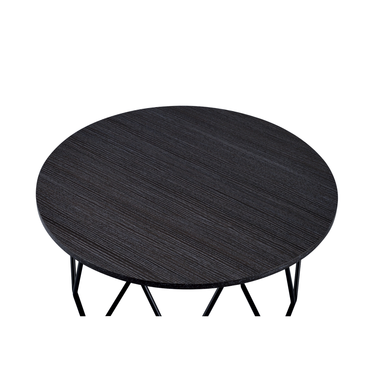 Industrial Round Top Wooden Coffee Table With Geometric Base, Black- Saltoro Sherpi