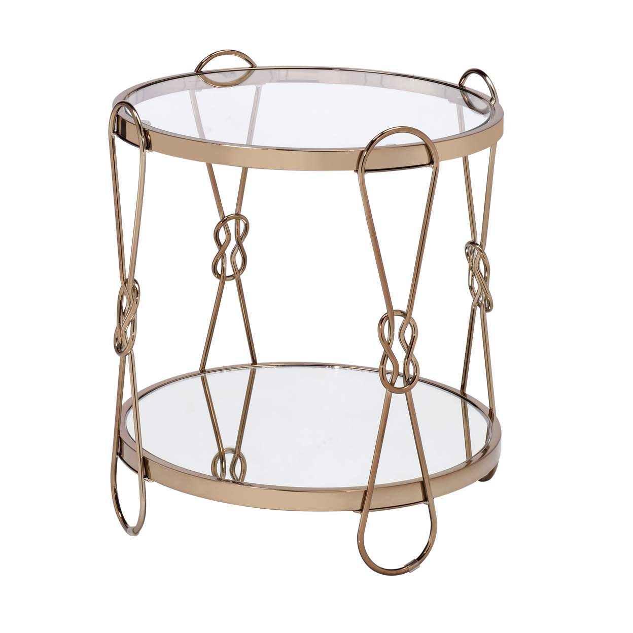 Metal End Table With Mirrored Top And 1 Bottom Shelf, Gold And Clear- Saltoro Sherpi
