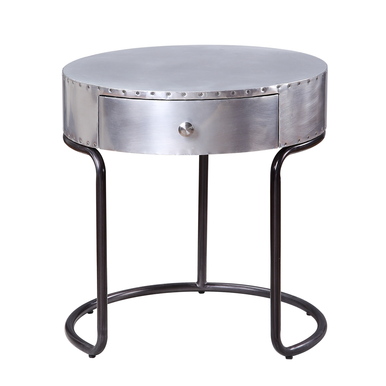 Aluminum Patchwork Wooden End Table With Metal Cantilever Base, Silver- Saltoro Sherpi