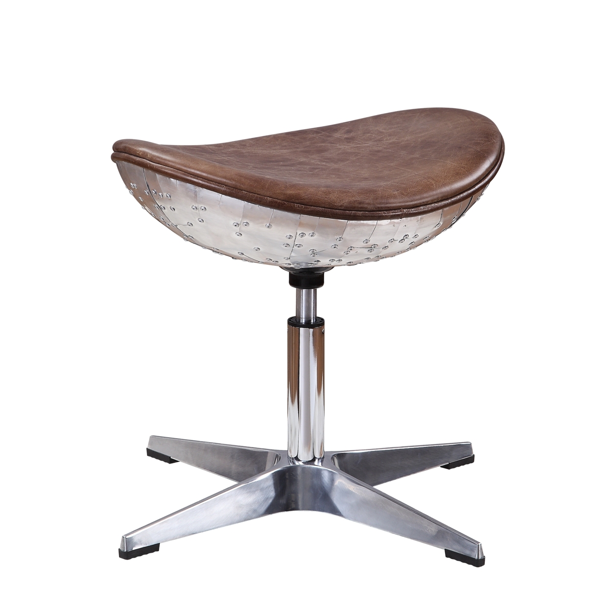 Faux Leather Upholstered Aluminum Stool With Curved Seating, Brown- Saltoro Sherpi