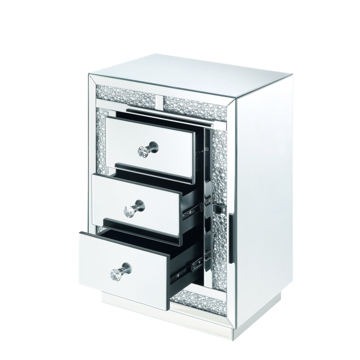 Mirrored Wooden Night Table With Flat Base And 3 Drawers, Silver- Saltoro Sherpi