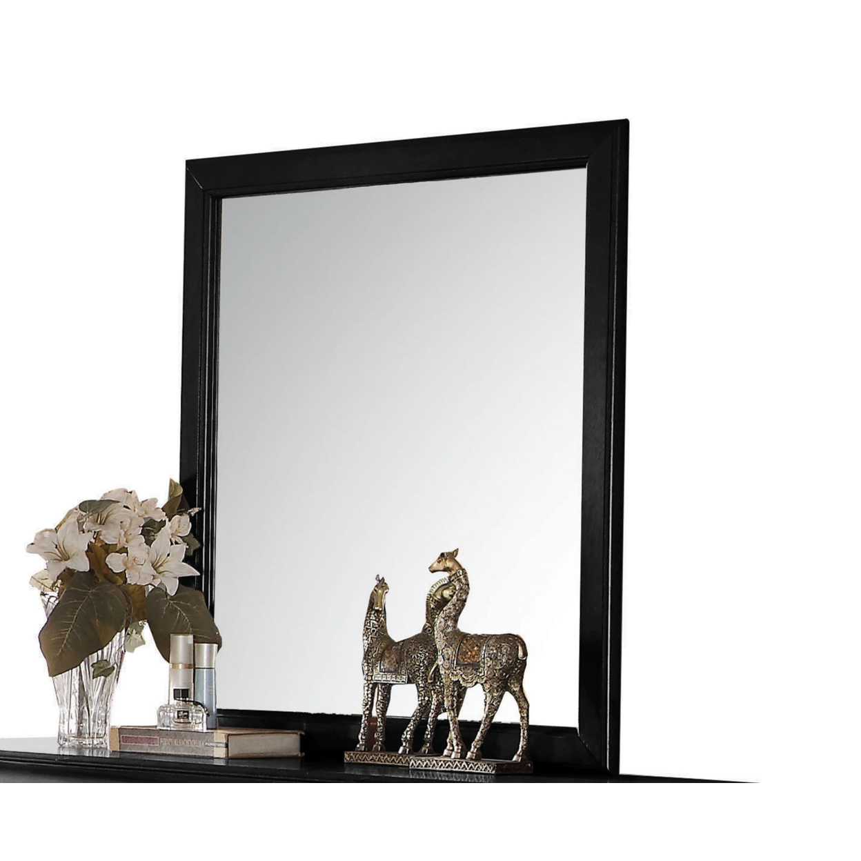 Transitional Style Mirror With Raised Wooden Frame, Black And Silver- Saltoro Sherpi