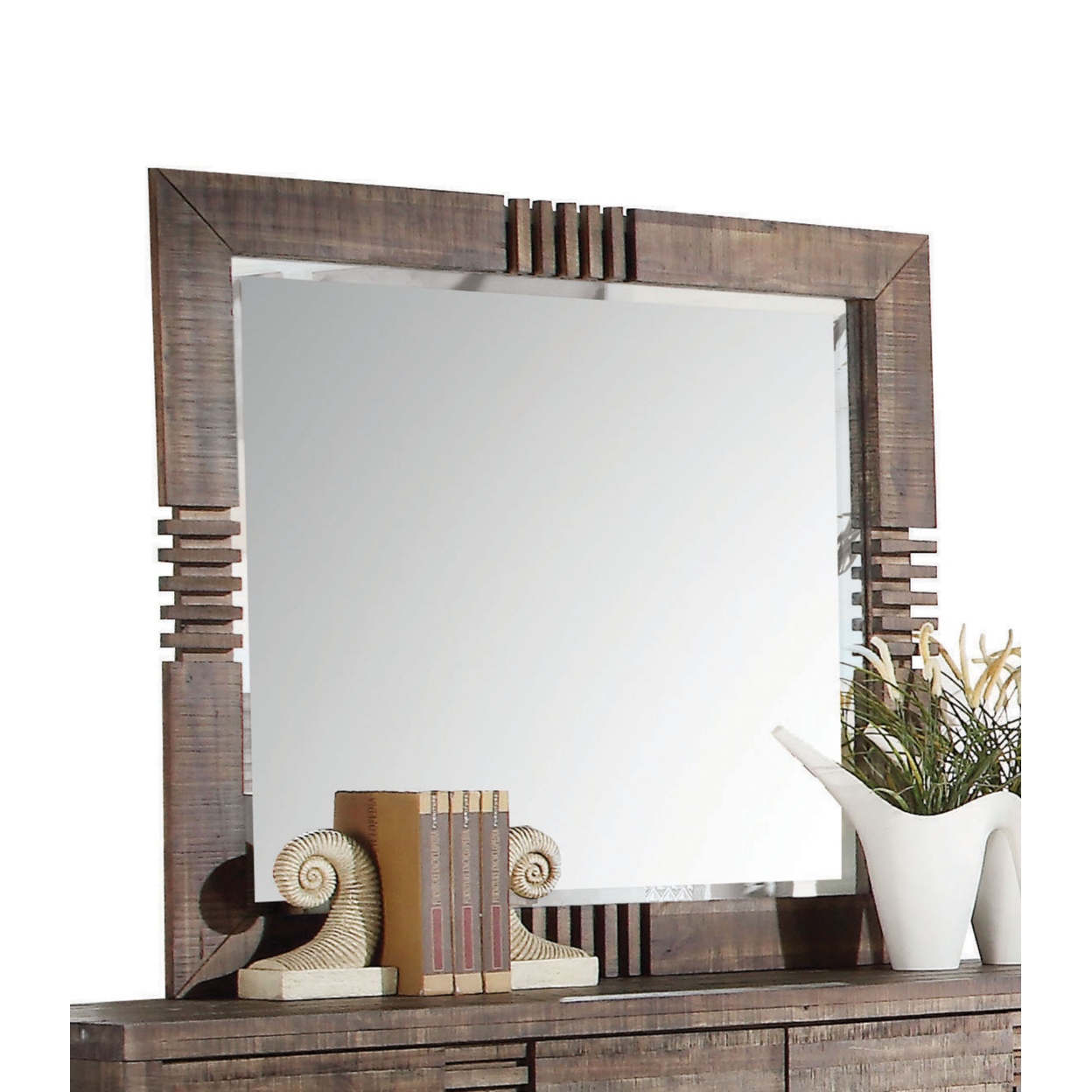 Rectangular Wooden Frame Mirror With Slat Pattern, Brown And Silver- Saltoro Sherpi