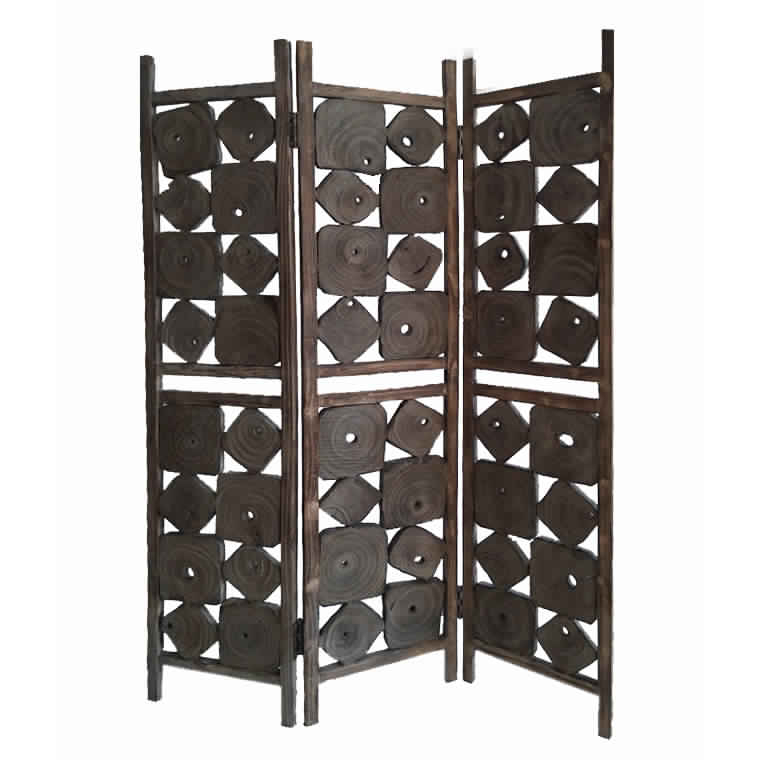 Contemporary 3 Panel Wooden Screen With Square Log Cut Inset, Brown- Saltoro Sherpi