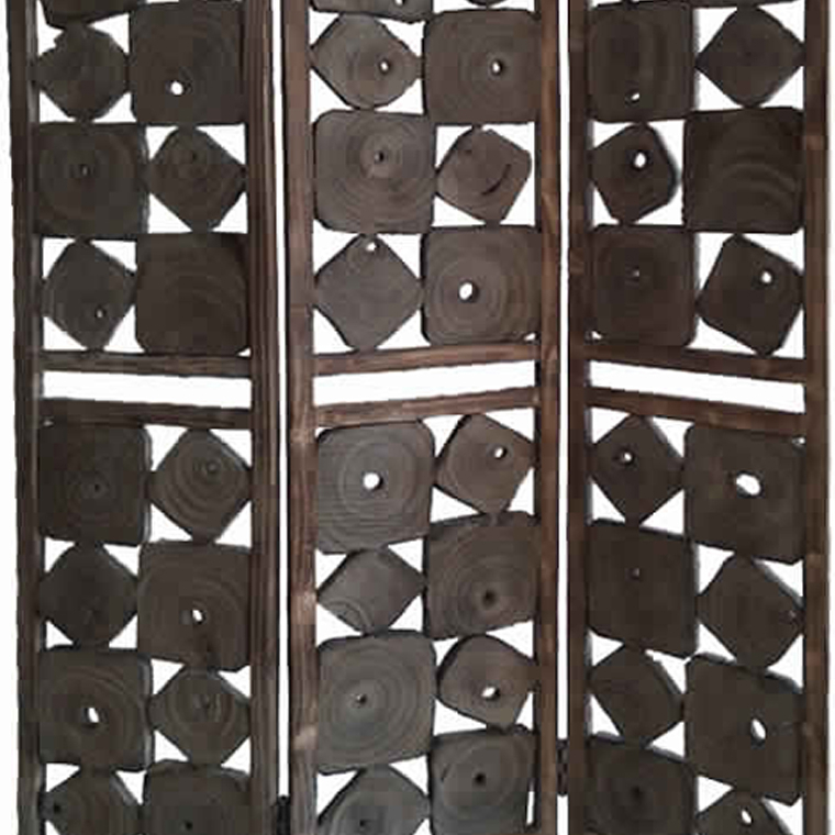Contemporary 3 Panel Wooden Screen With Square Log Cut Inset, Brown- Saltoro Sherpi