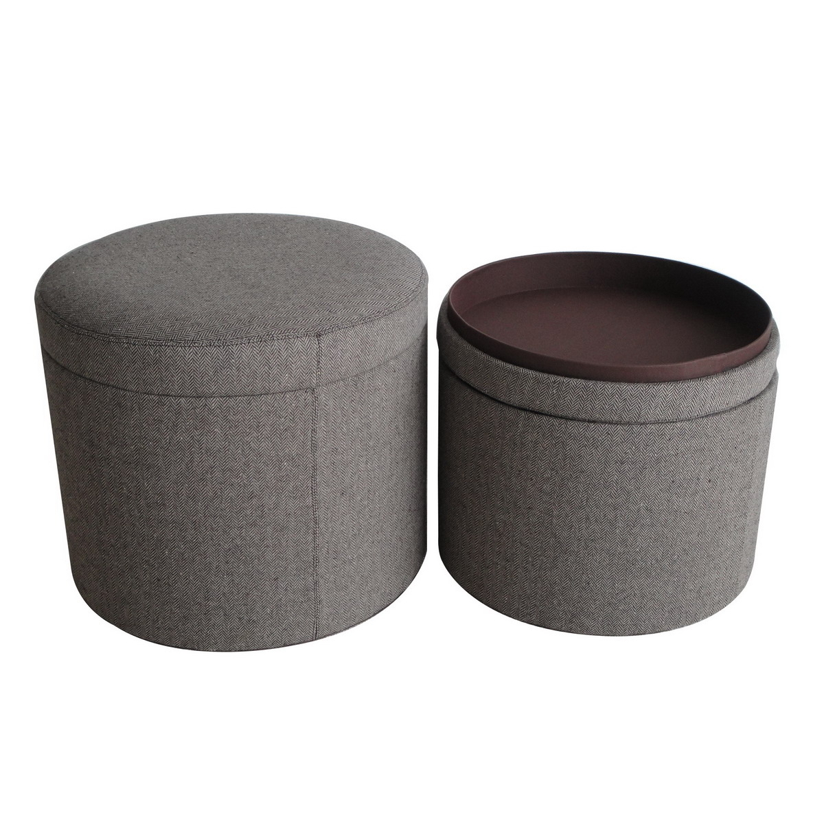 Round Storage Ottoman With Textured Fabric Upholstery, Gray- Saltoro Sherpi