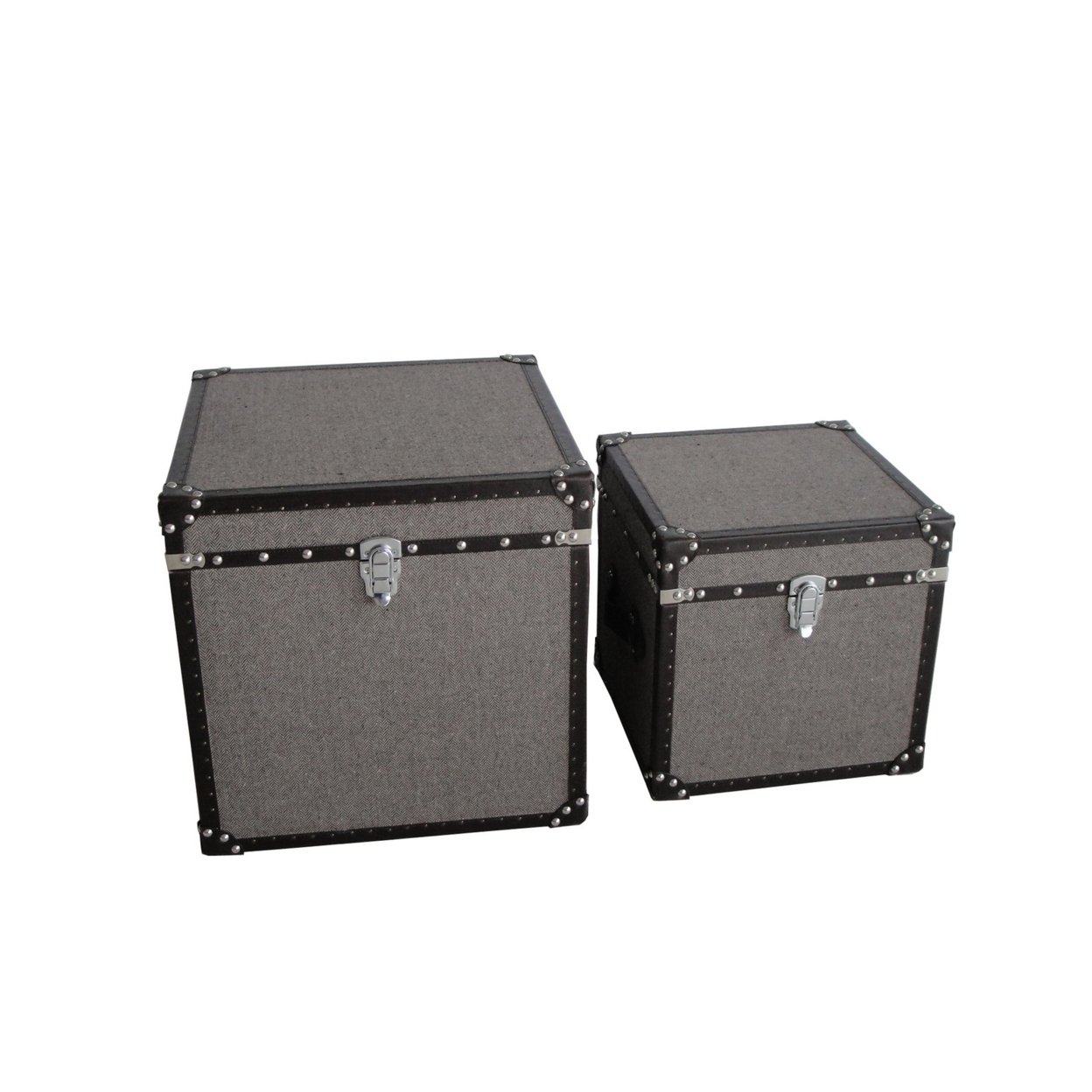 Fabric Upholstered Square Trunk With Nailhead Details, Gray, Set Of 2- Saltoro Sherpi
