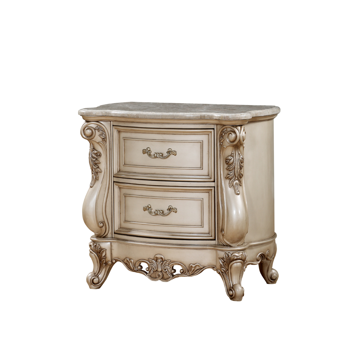 2 Drawer Nightstand With Raised Scrolled Floral Moulding, White- Saltoro Sherpi