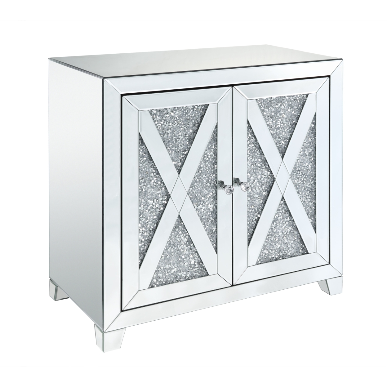 Storage Cabinet With Mirror Trim And X Shape Design, Silver- Saltoro Sherpi