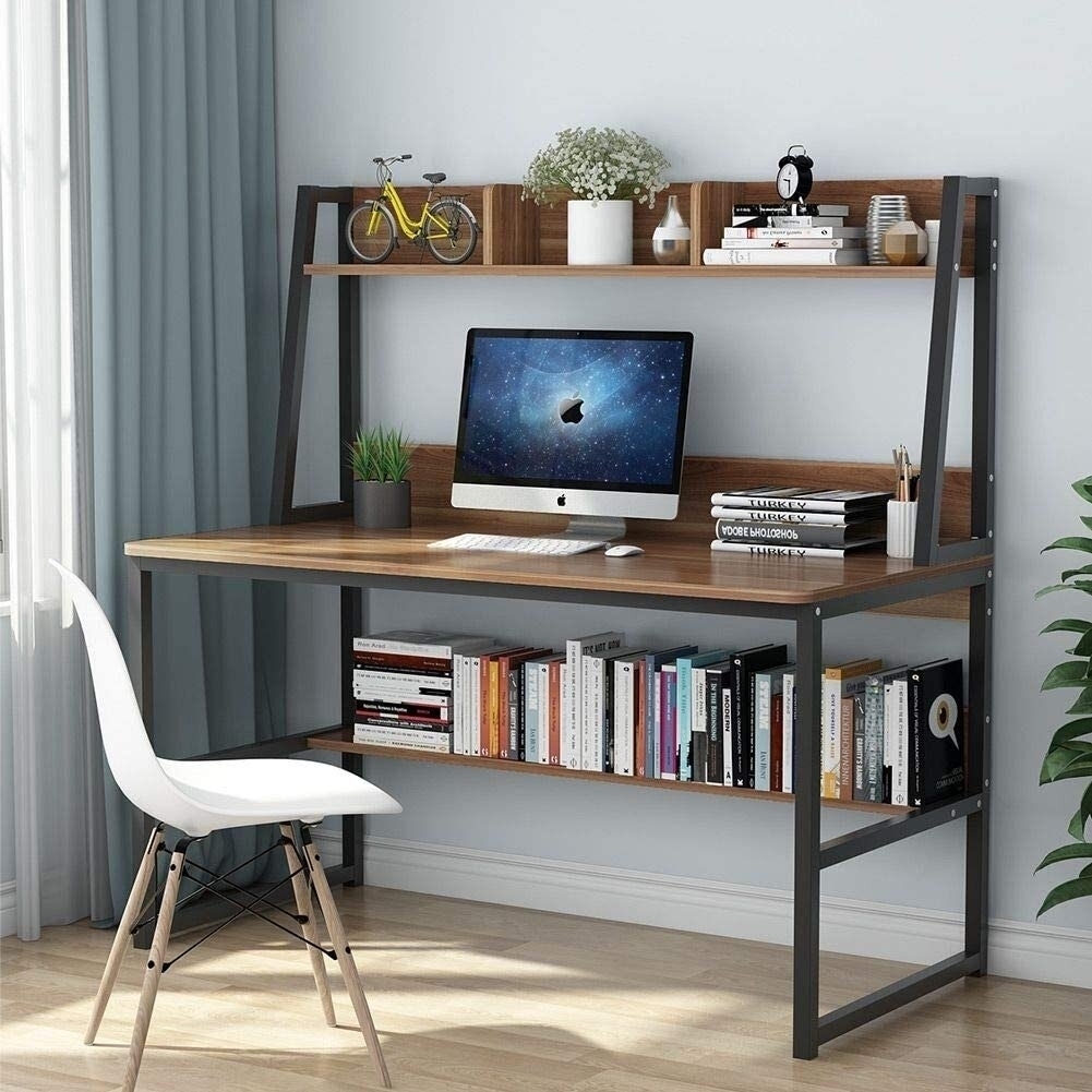 Tribesigns Computer Desk With Hutch, 47 Inches Home Office Desk With Space Saving Design With Bookshelf For Small Spaces - Dark Walnut