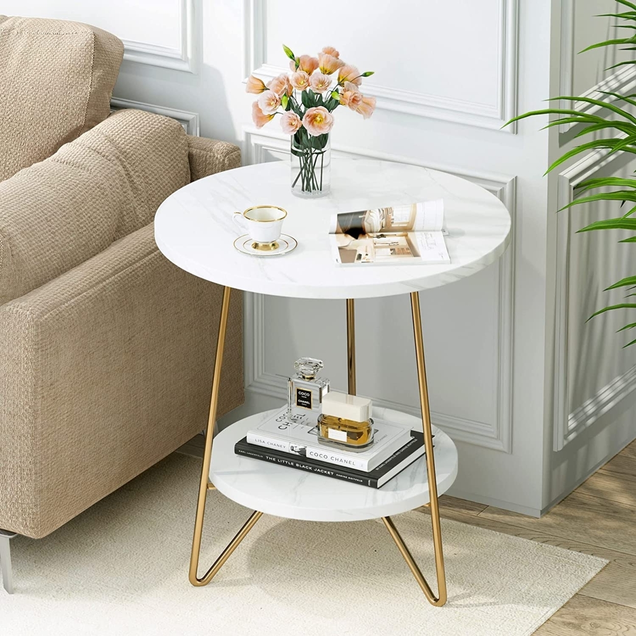 Tribesigns Marble End Table, 2 Tier Round Side Table With Shelves, Modern Gold Nightstand Bedside Table Small Coffee Accent Table For Living