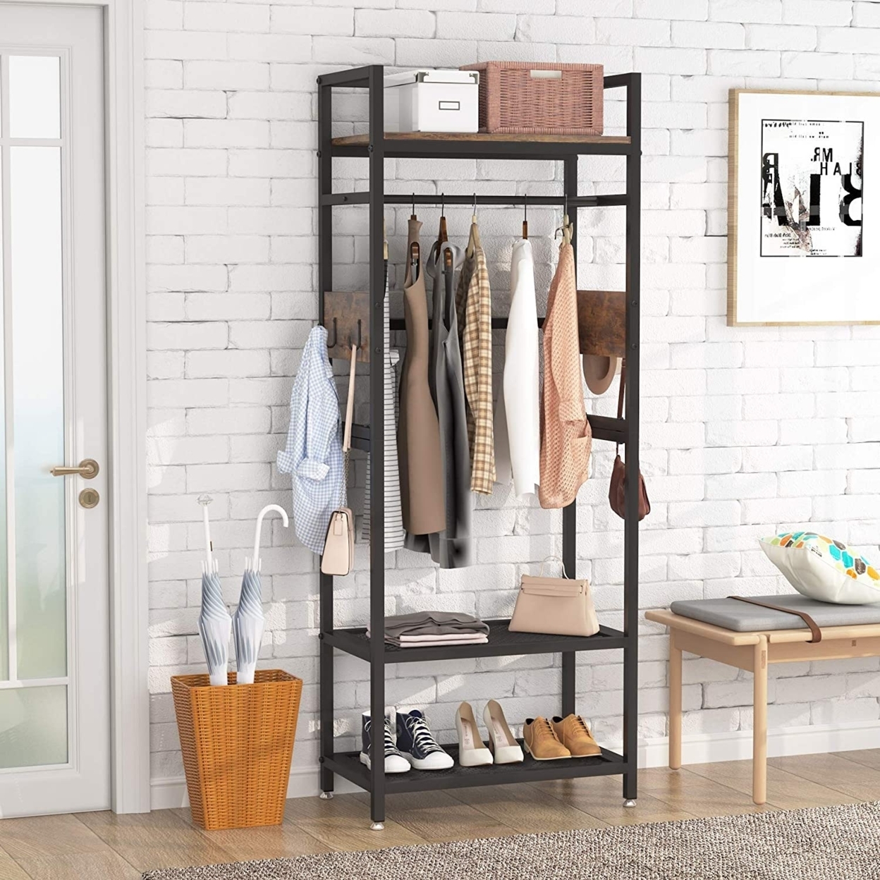 Tribesigns Industrial Hall Tree,Entryway Coat Rack With With Shoe Storage Shelf And Hooks,Freestanding Closet Organizer Clothes Rack,Closet