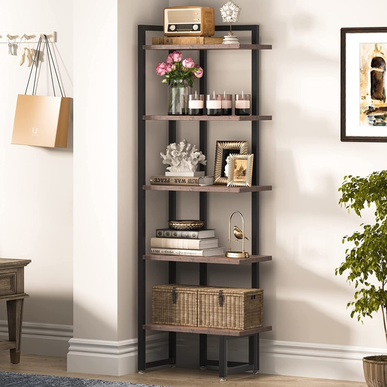 Corner Shelf, Tribesigns Industrial 5 Tier Wood Wall Corner Bookshelf With Anti-Slip Pad