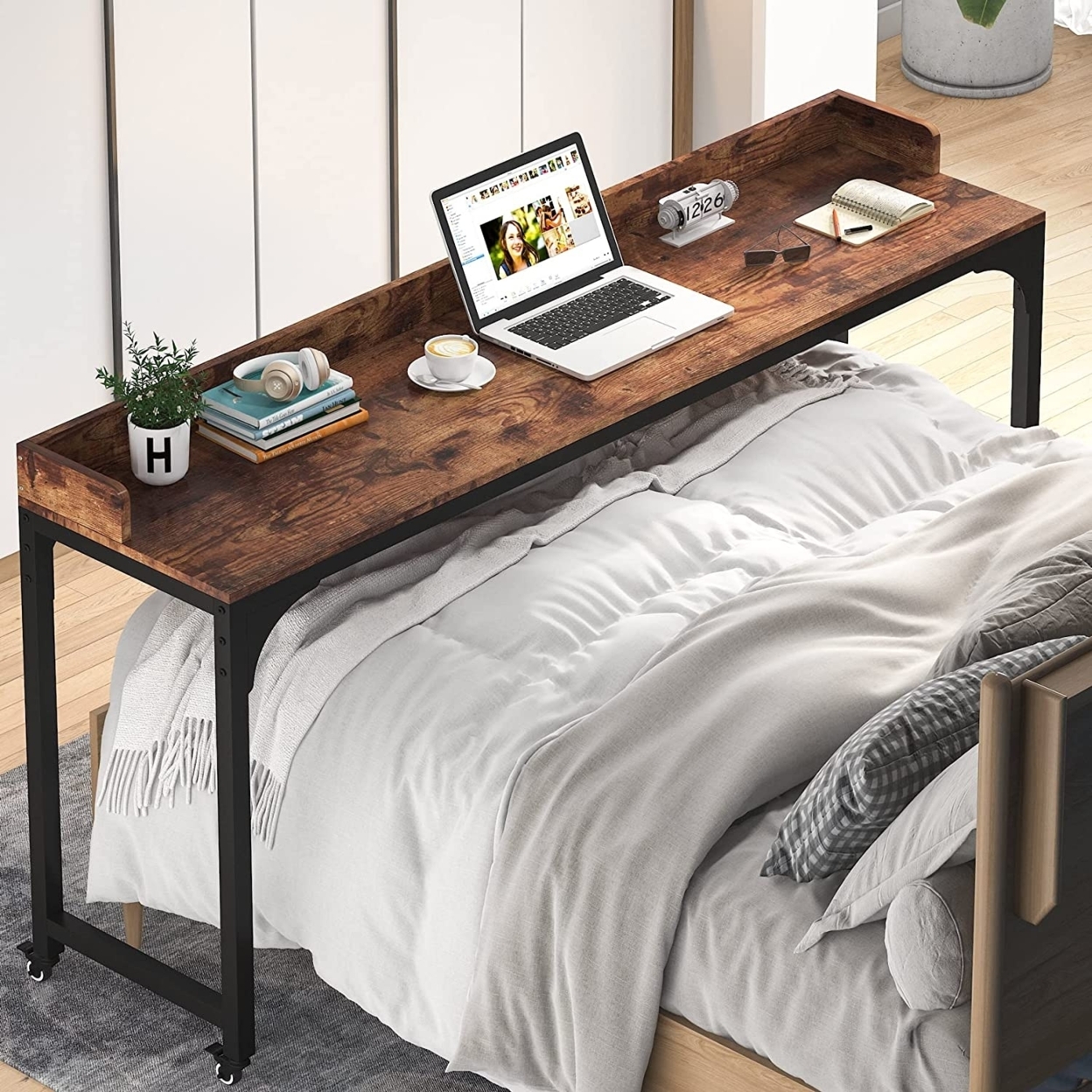 Tribesigns Overbed Table With Wheels, Unadjustable Queen Size Mobile Desk With Heavy-Duty Metal Legs, Height Can't Adjust - White