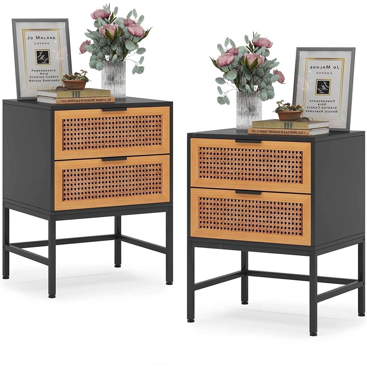 Rattan Nightstand 2-Drawer, Tribesigns Mid-Century Modern Wood Night Stands Black Metal End Table With Storage Handmade Vine Drawers - 2PCS