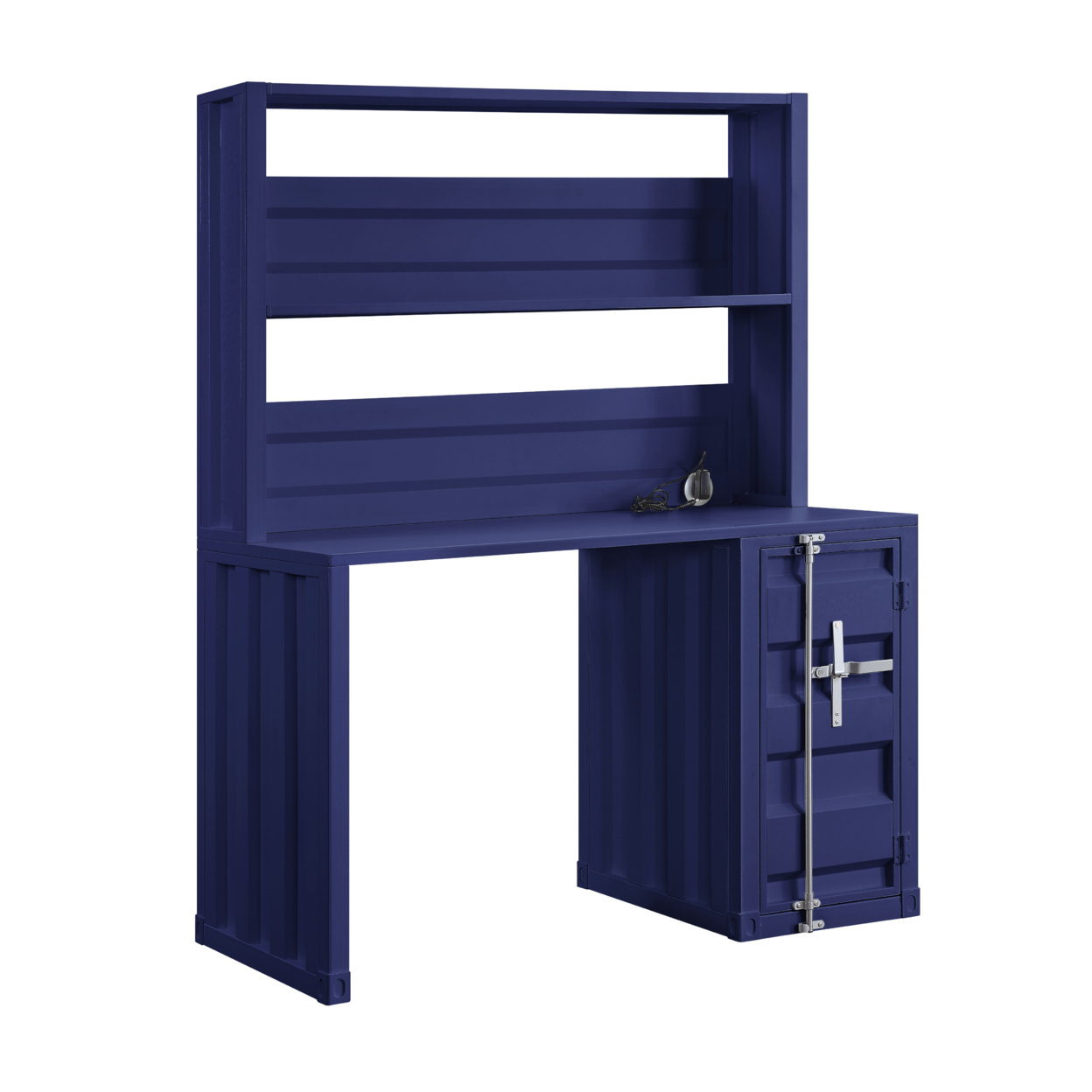 Metal Base Dusk And Hutch With Storage Space And Recessed Panels, Blue- Saltoro Sherpi