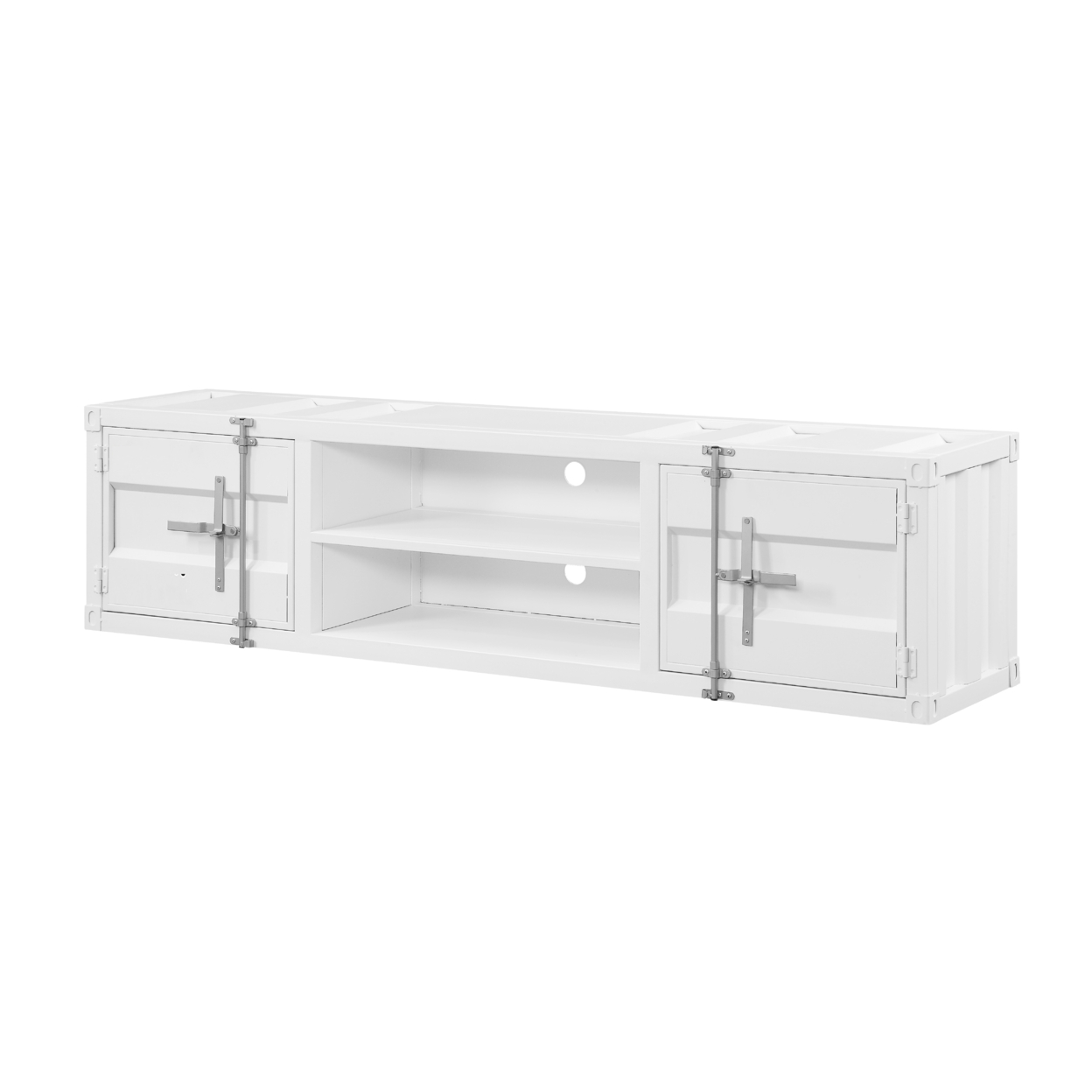 Industrial Container Style TV Stand With Two Open Shelves, White- Saltoro Sherpi