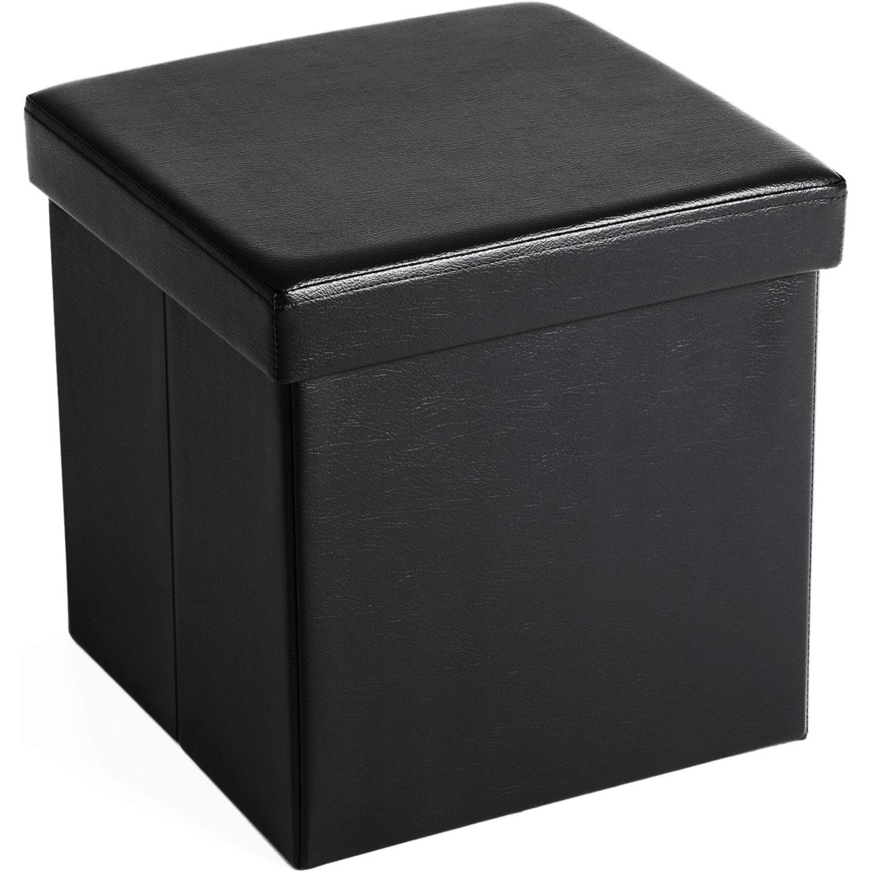 Square Leatherette Foldable Storage Ottoman With Padded Seat, Black- Saltoro Sherpi