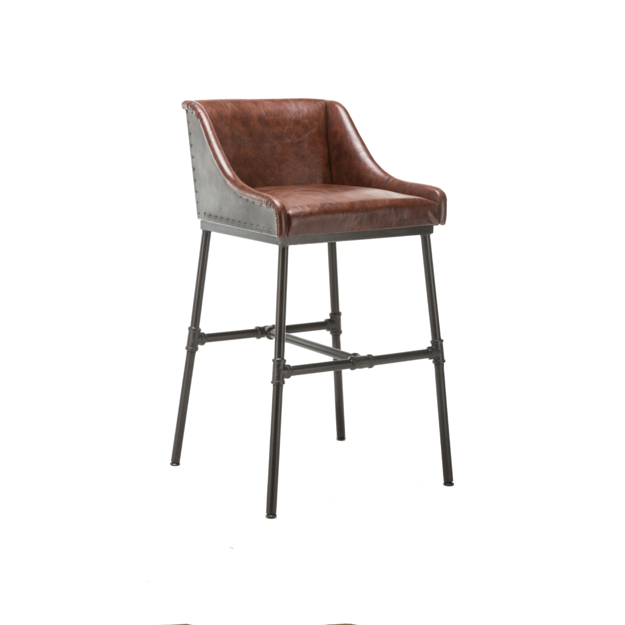 Leatherette Bar Stool With Riveted Metal Backing, Brown And Black- Saltoro Sherpi