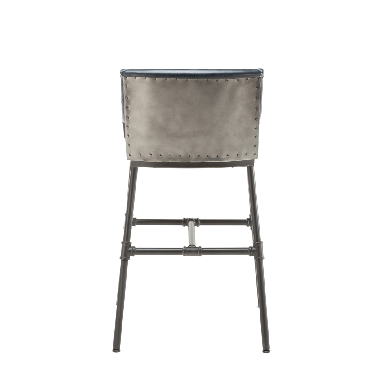 Leatherette Bar Stool With Riveted Metal Backing, Blue And Black- Saltoro Sherpi