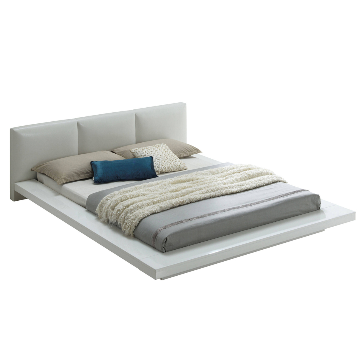 Wooden Queen Size Low Profile Bed With Padded Headboard, White- Saltoro Sherpi