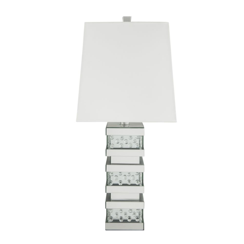 Contemporary Square Table Lamp With Pedestal Mirrored Base, White And Clear- Saltoro Sherpi