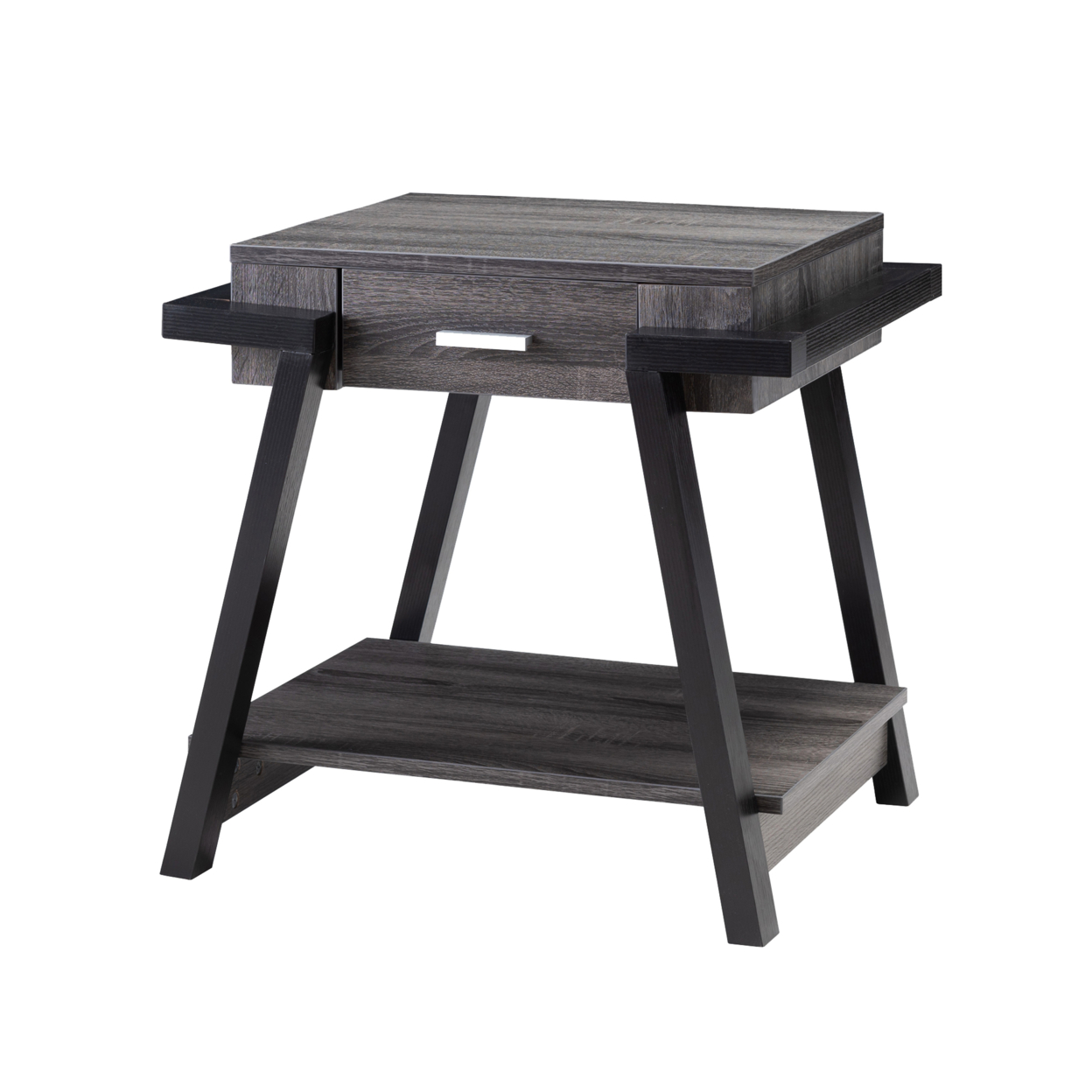 Wooden End Table With Angled Leg Support And 1 Drawer, Black And Gray- Saltoro Sherpi