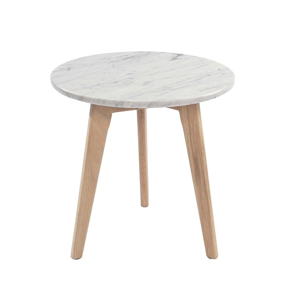 Cherie 15" Round Italian Carrara White Marble Side Table with Legs - oak