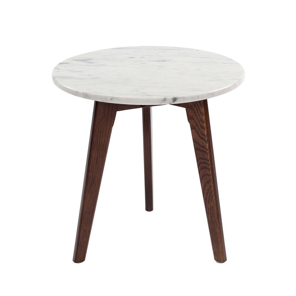 Cherie 15" Round Italian Carrara White Marble Side Table with Legs - walnut