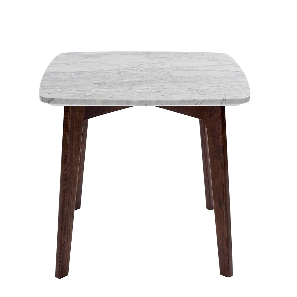 Gavia 19.5" Square Italian Carrara White Marble Side Table with Legs - walnut