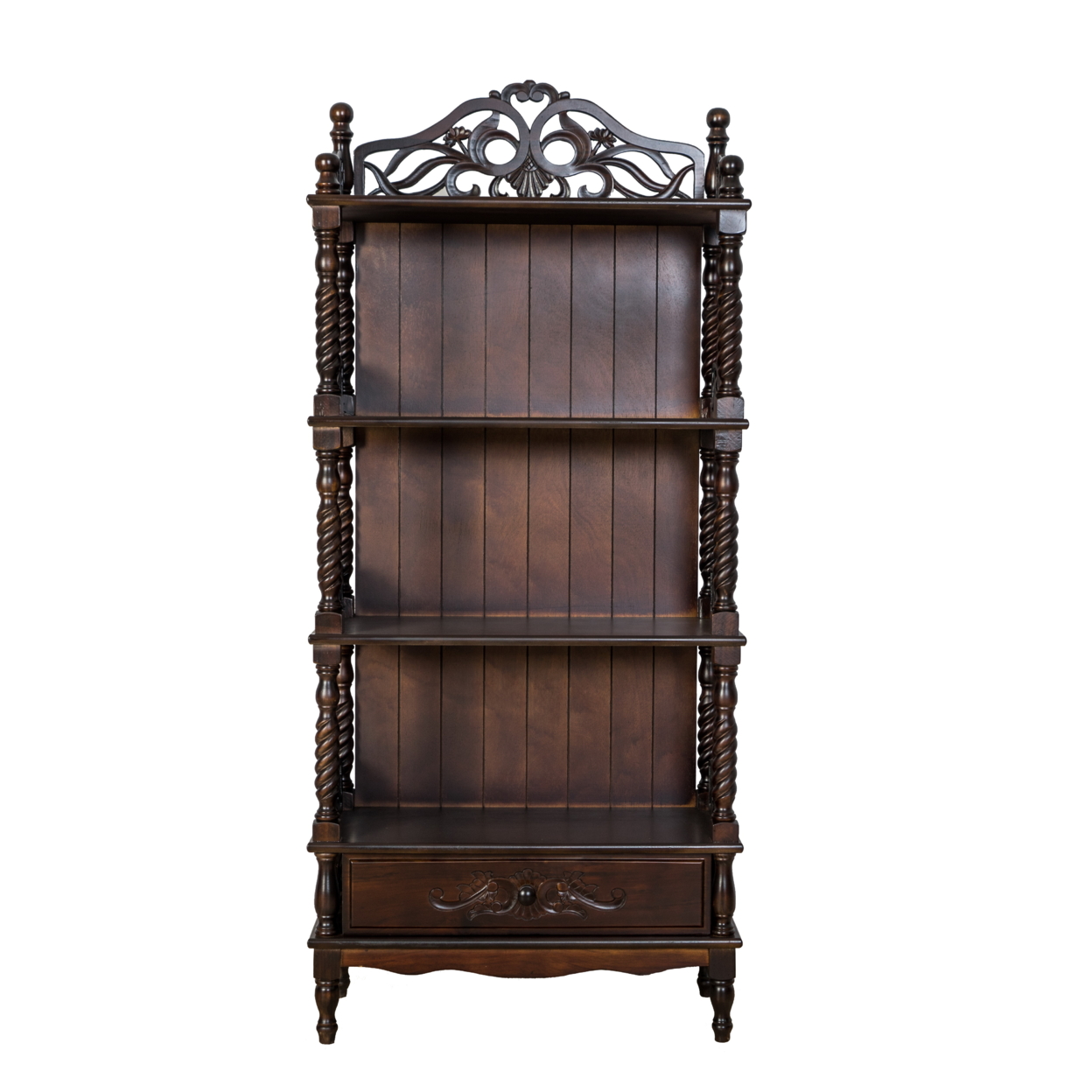 Wooden Bookcase Shelf With Carved Details And Filigree Accents, Brown- Saltoro Sherpi