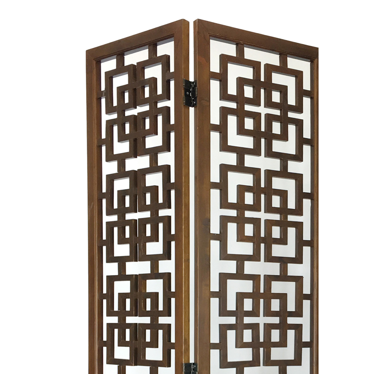 Wooden 3 Panel Screen With Interlocking Square Design, Brown- Saltoro Sherpi