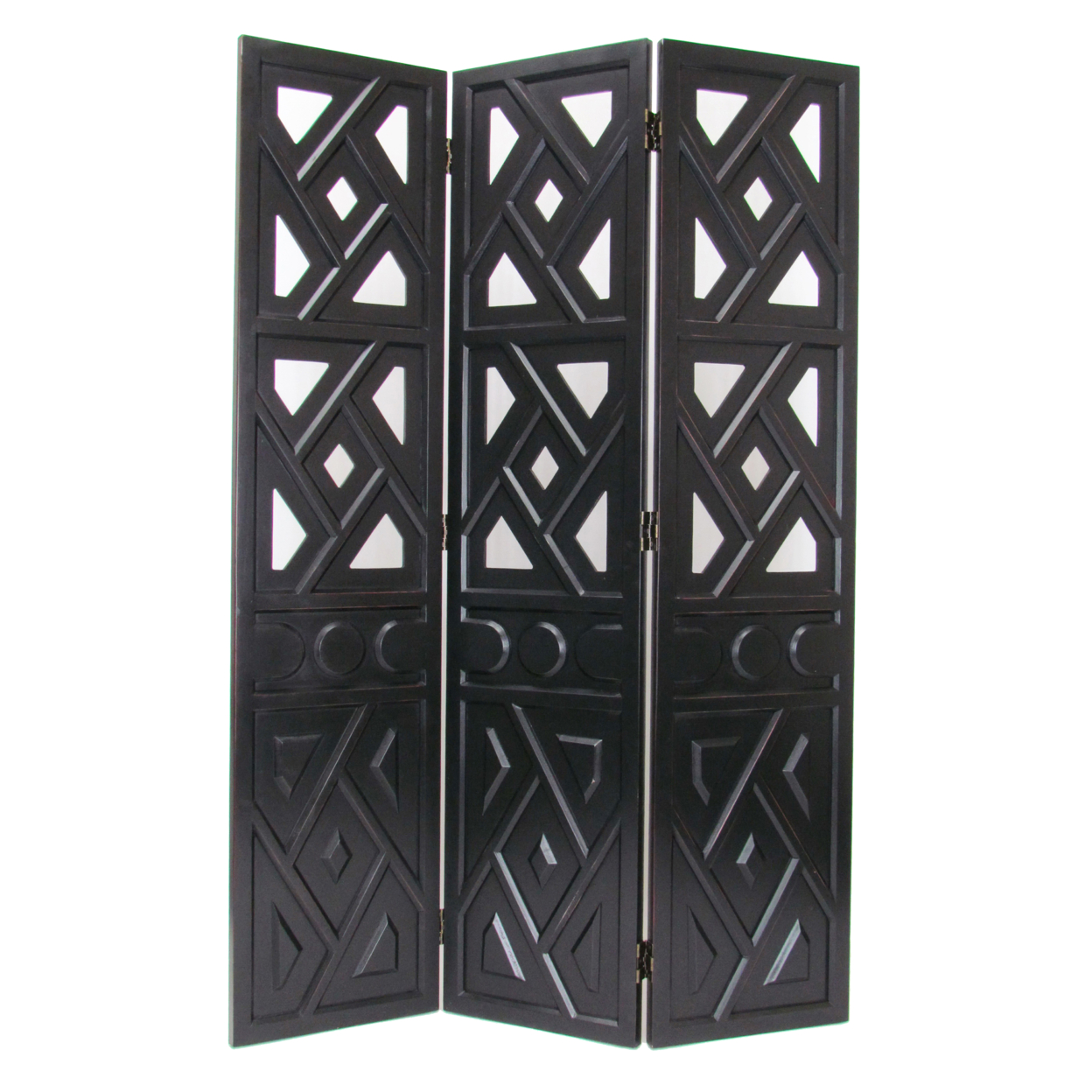 Wooden 3 Panel Room Divider With Geometric Design, Black- Saltoro Sherpi