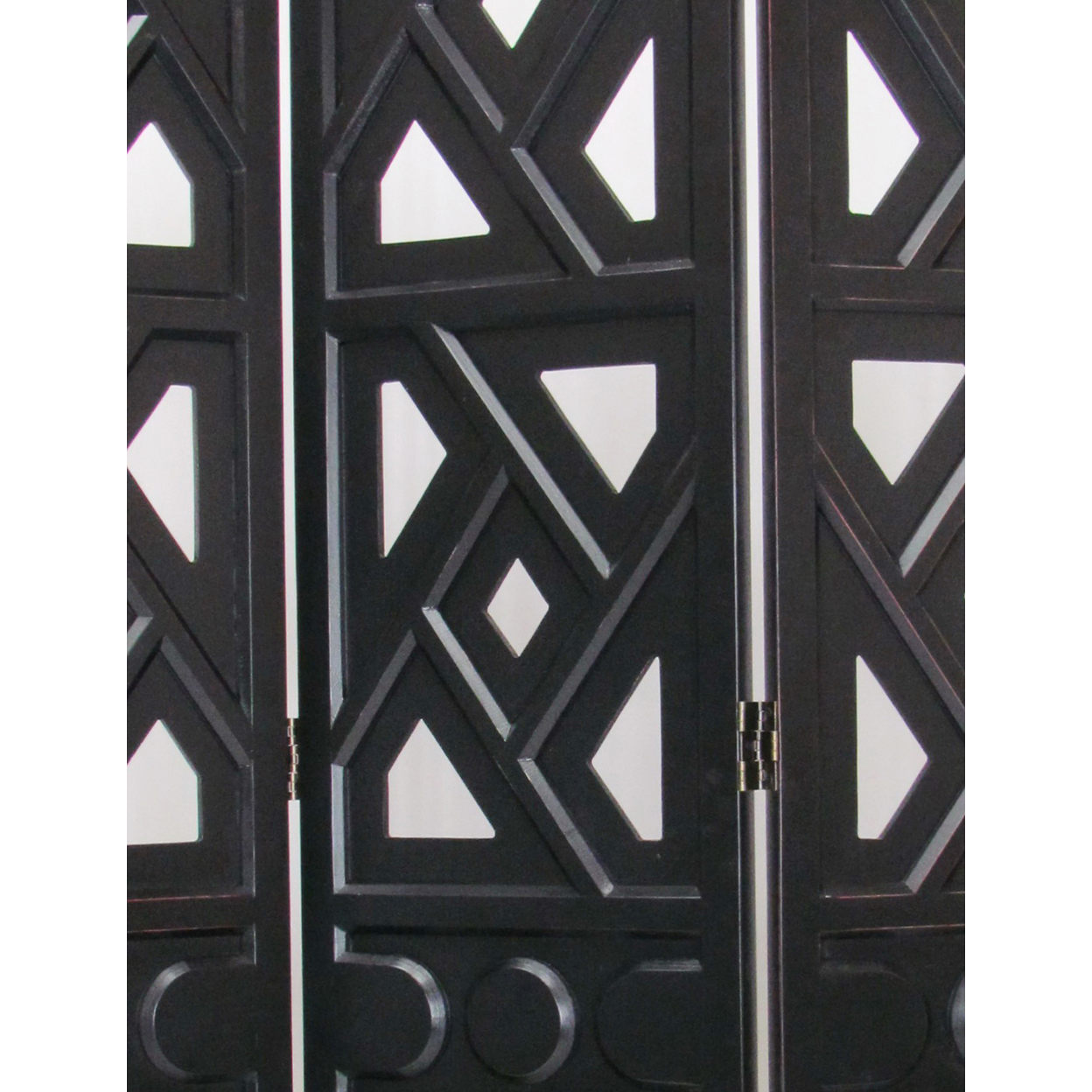 Wooden 3 Panel Room Divider With Geometric Design, Black- Saltoro Sherpi