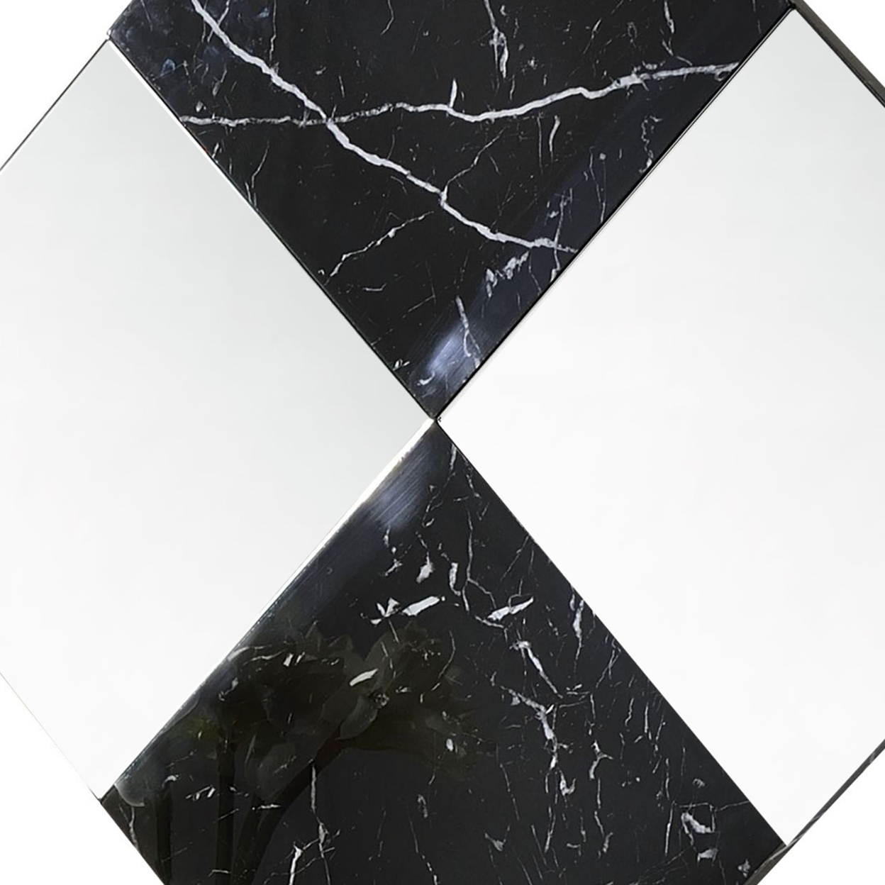 Contemporary Square Accent Wall Mirror With Faux Marble, Silver And Black- Saltoro Sherpi