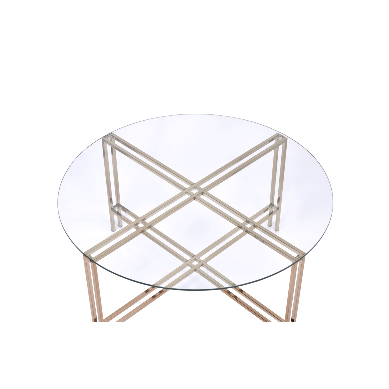Coffee Table With X Shaped Metal Base And Round Glass Top, Gold- Saltoro Sherpi