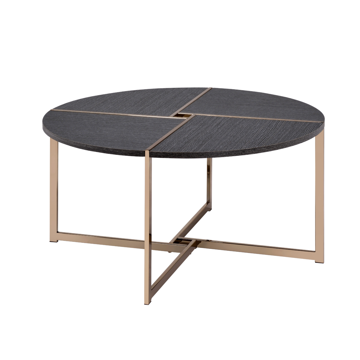Coffee Table With X Shaped Metal Base And Round Wooden Top, Gold And Gray- Saltoro Sherpi