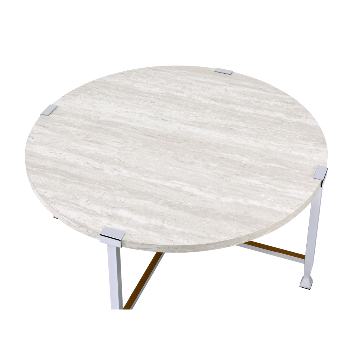 Coffee Table With X Shaped Metal Base And Round Wooden Top,Silver And Beige- Saltoro Sherpi