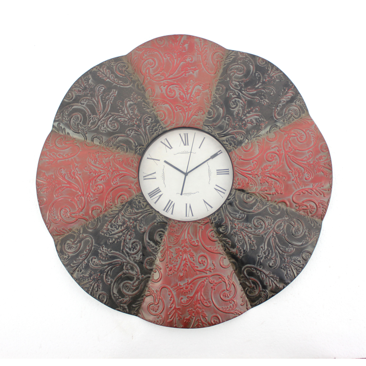 Blooming Flower Design Metal Wall Clock With Scroll Motifs, Red And Black- Saltoro Sherpi