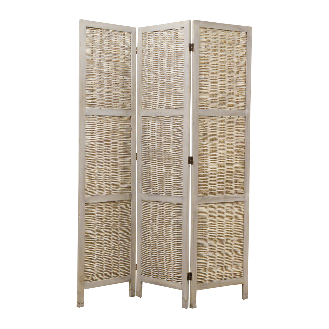 Cottage Style 3 Panel Room Divider With Willow Weaving, Gray- Saltoro Sherpi