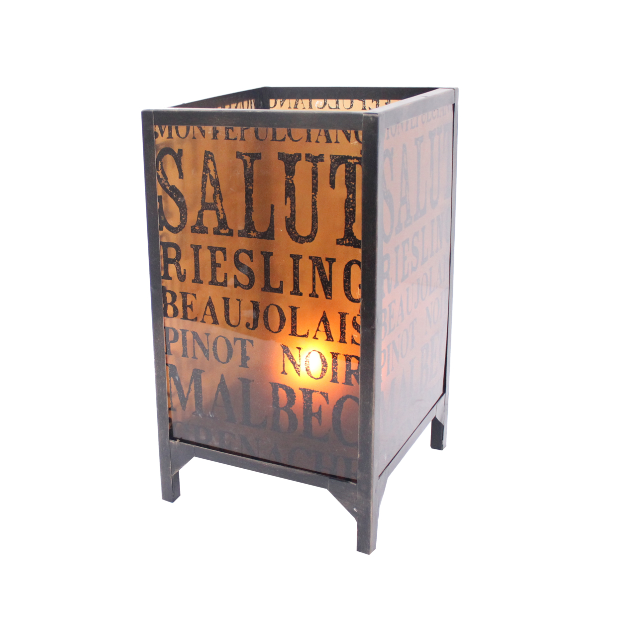 Cuboidal Metal And Glass Candleholder With Typography, Black And Clear- Saltoro Sherpi