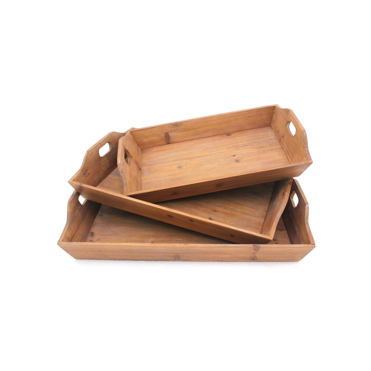 Rectangular Wooden Serving Tray With Cut Out Handles, Set Of 3, Brown- Saltoro Sherpi
