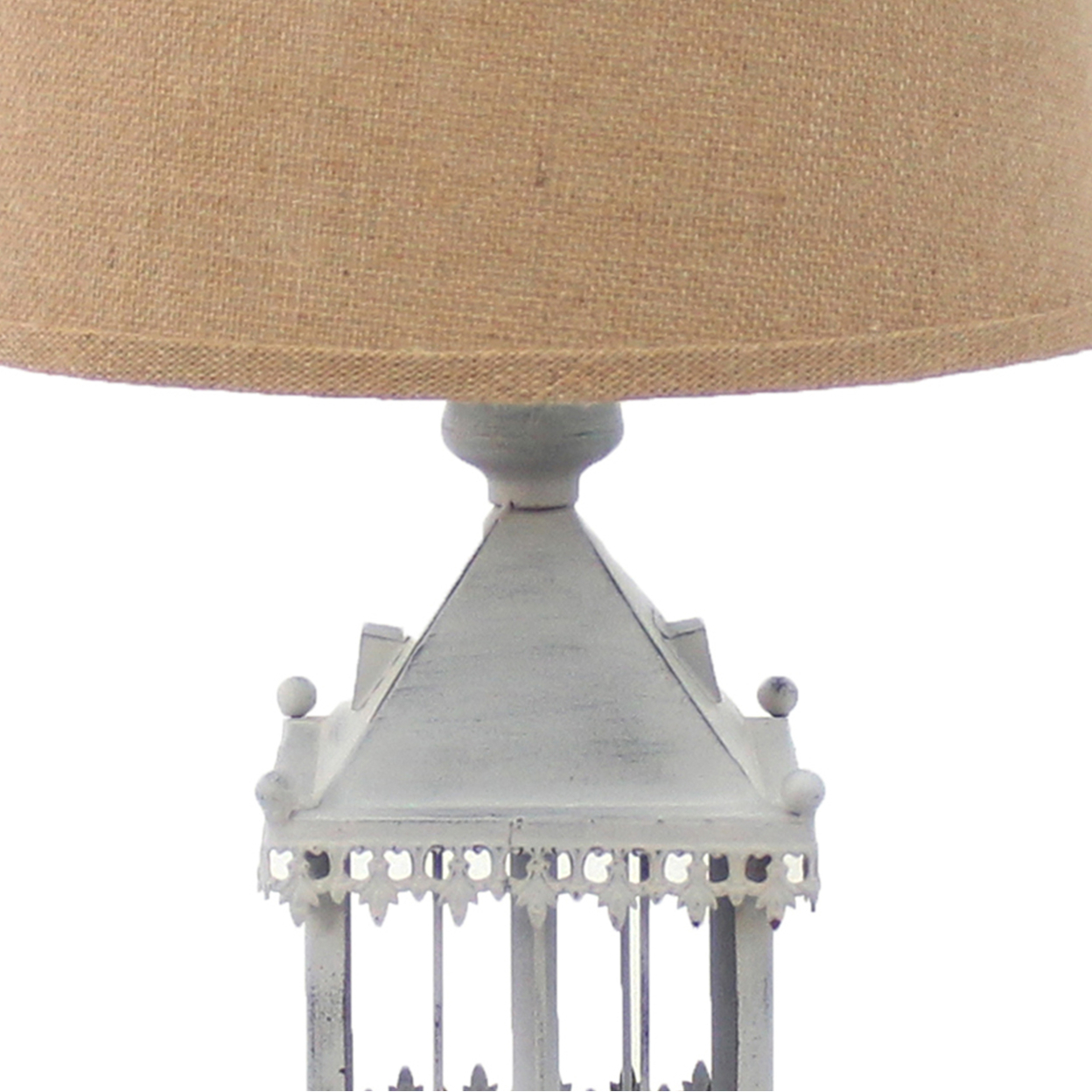 Metal Temple Design Base Table Lamp With Fabric Shade, Beige And Gray- Saltoro Sherpi