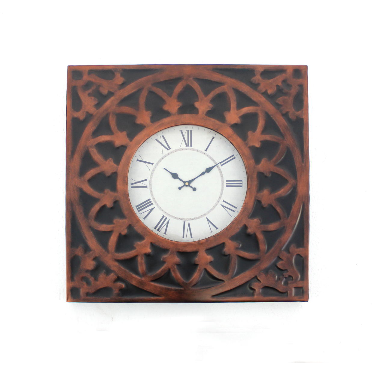 Baroque Design Metal Wall Clock With Roman Numerals, Brown And Black- Saltoro Sherpi