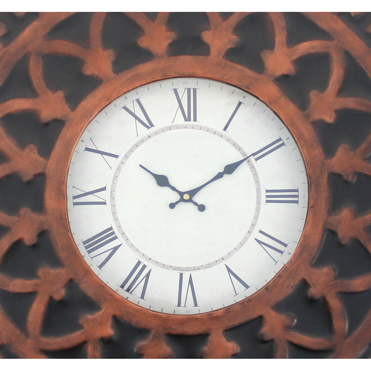 Baroque Design Metal Wall Clock With Roman Numerals, Brown And Black- Saltoro Sherpi
