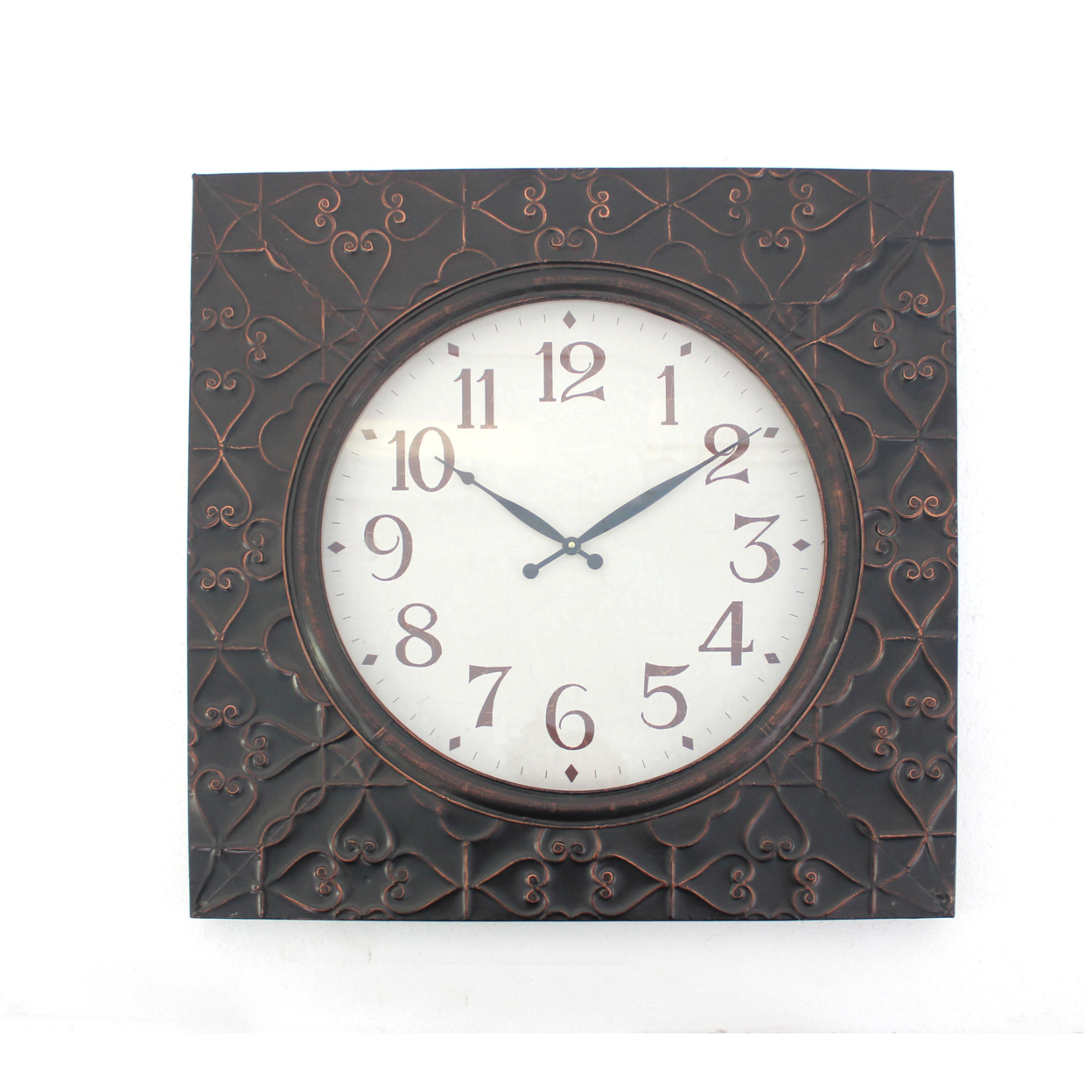 Square Metal Wall Clock With Embossed Intricate Carvings, Bronze- Saltoro Sherpi