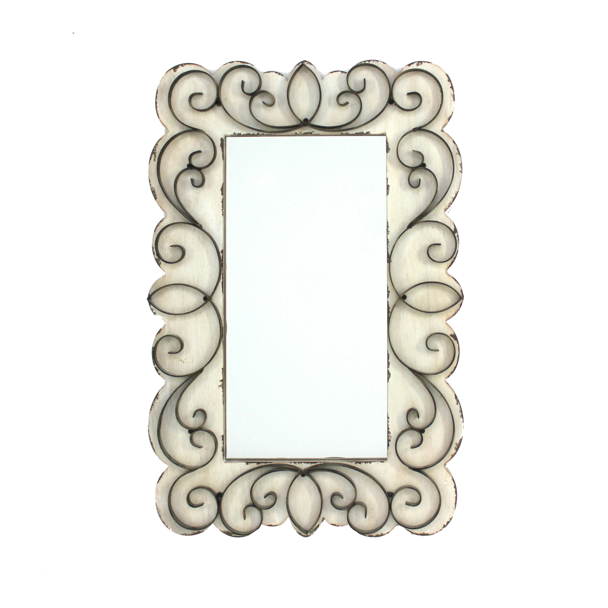 Rectangular Wall Mirror With Wooden Frame And Metal Scrolled Edges, White- Saltoro Sherpi
