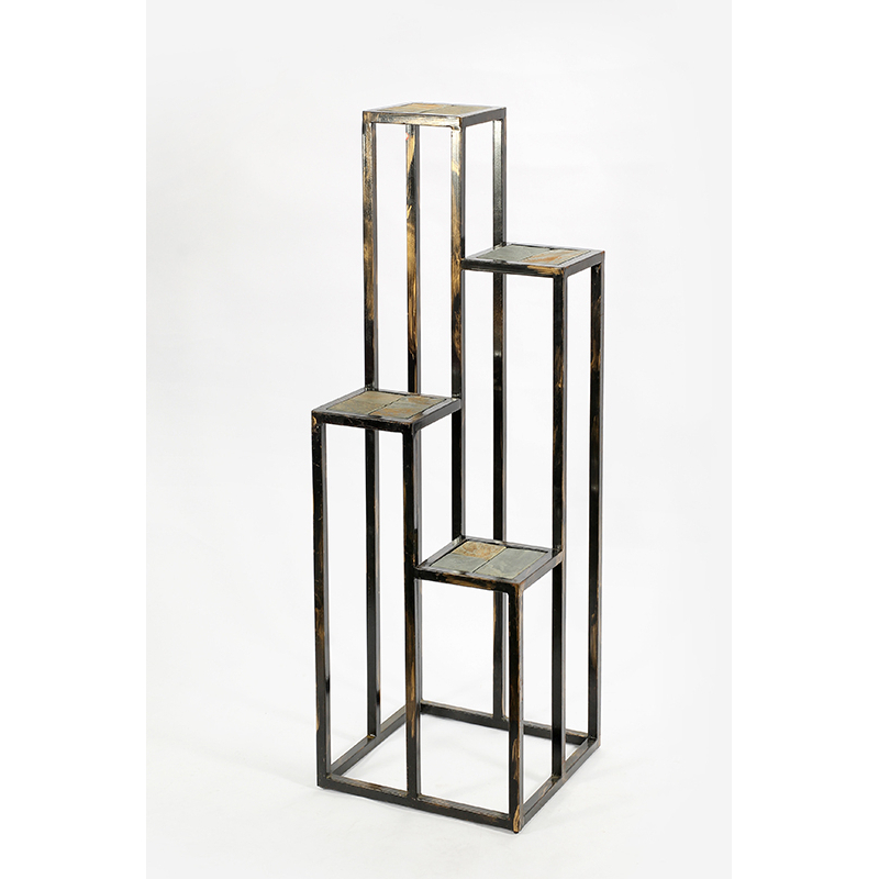 4 Tier Cast Iron Frame Plant Stand With Stone Topping, Black And Gold- Saltoro Sherpi