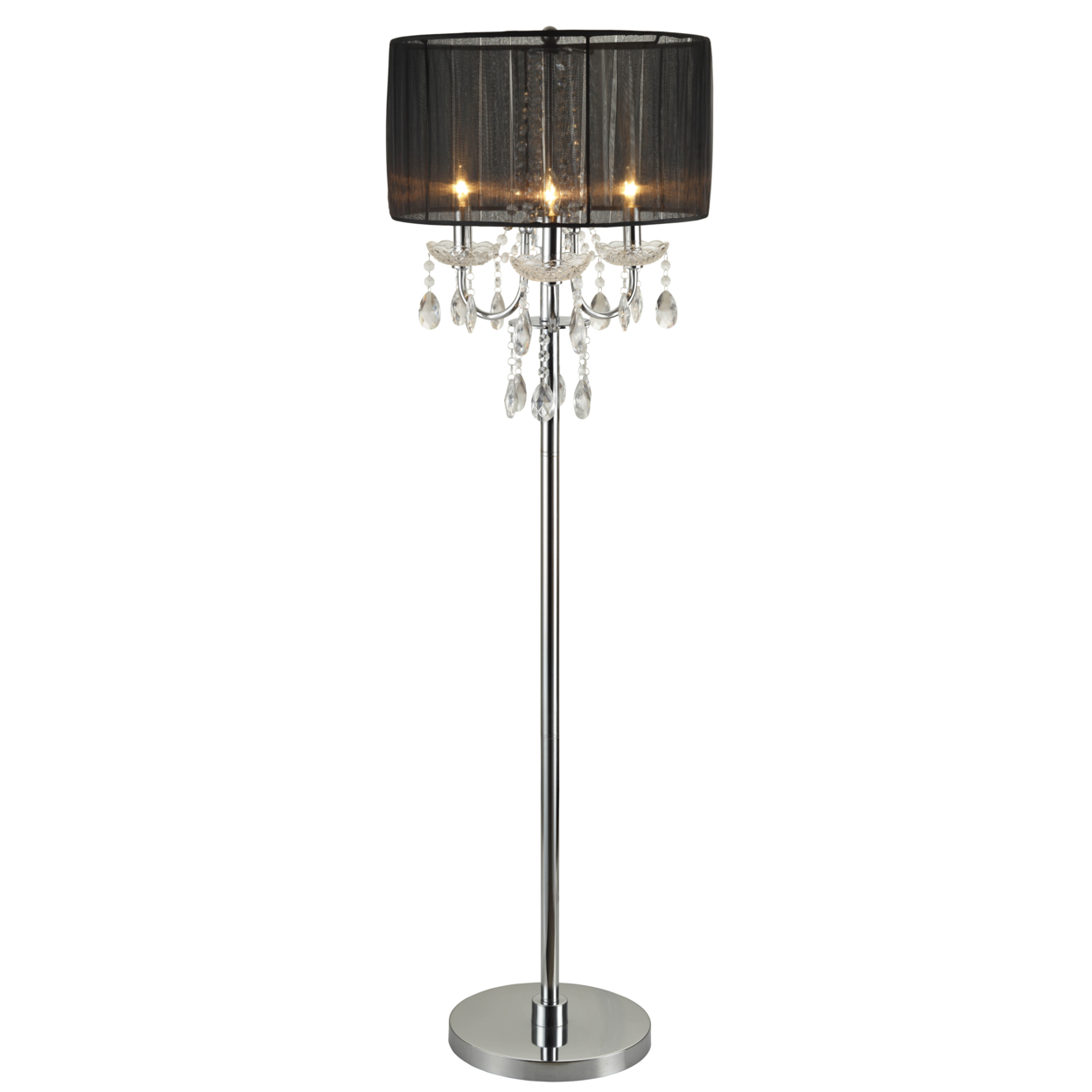 Round Fabric Wrapped Floor Lamp With Crystal Inlay, Gray And Silver- Saltoro Sherpi