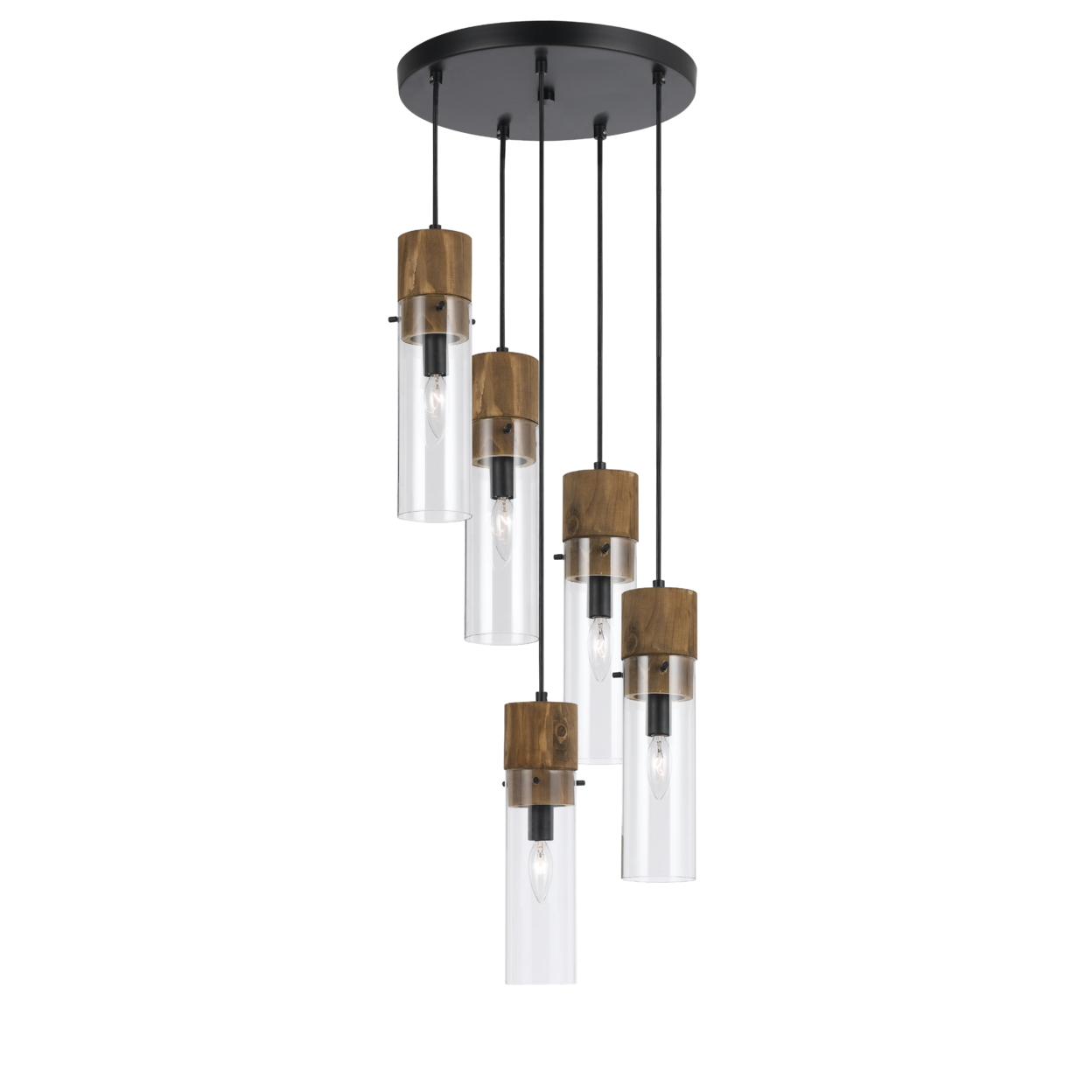 5 Bulb Wind Chime Design Pendant With Cylindrical Glass Shades, Black- Saltoro Sherpi